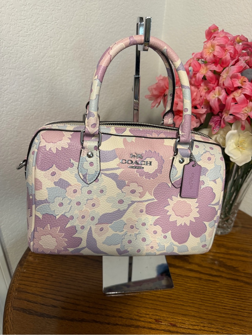 Coach Lavender and Pink Floral Signature Leather Rowan Satchel